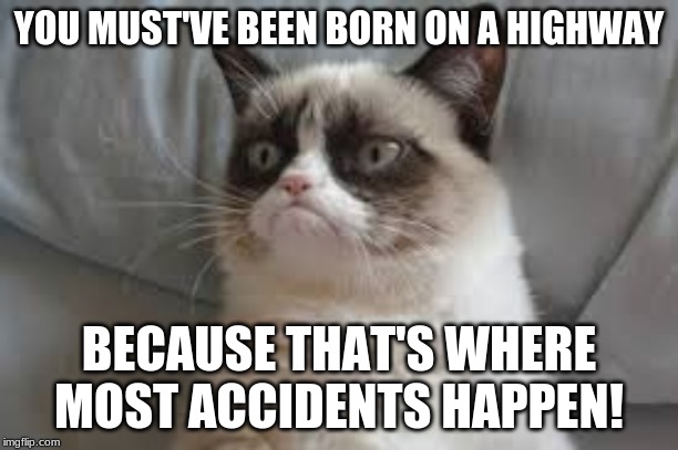 How to Earn the Title of a TRUE Accident! | YOU MUST'VE BEEN BORN ON A HIGHWAY; BECAUSE THAT'S WHERE MOST ACCIDENTS HAPPEN! | image tagged in grumpy cat,highway,accidents,memes,cats,birth | made w/ Imgflip meme maker