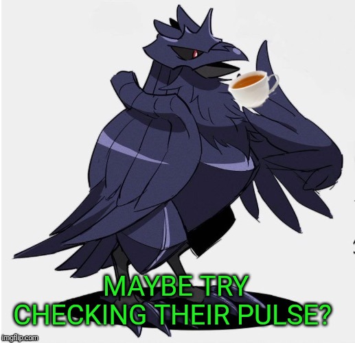 The_Tea_Drinking_Corviknight | MAYBE TRY CHECKING THEIR PULSE? | image tagged in the_tea_drinking_corviknight | made w/ Imgflip meme maker