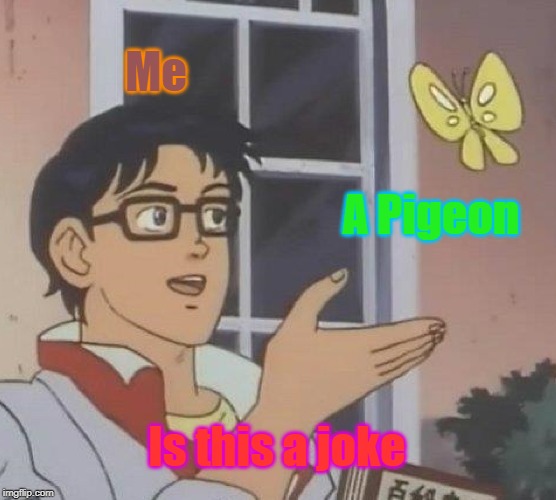 Is This A Pigeon Meme | Me; A Pigeon; Is this a joke | image tagged in memes,is this a pigeon | made w/ Imgflip meme maker
