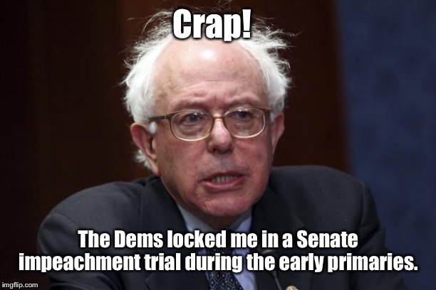 Bernie Sanders | Crap! The Dems locked me in a Senate impeachment trial during the early primaries. | image tagged in bernie sanders | made w/ Imgflip meme maker