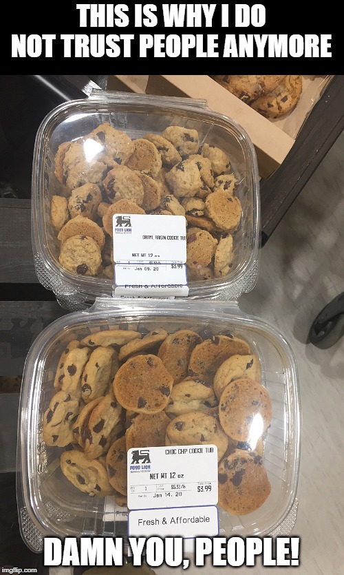 Untrustworthy Cookies | THIS IS WHY I DO NOT TRUST PEOPLE ANYMORE; DAMN YOU, PEOPLE! | image tagged in cookues,distrust | made w/ Imgflip meme maker