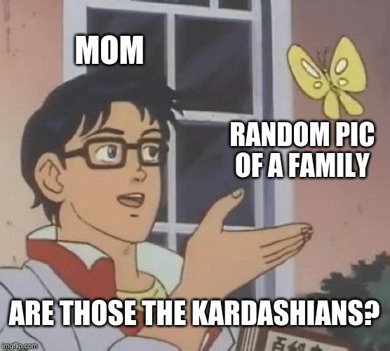 Is This A Pigeon | MOM; RANDOM PIC OF A FAMILY; ARE THOSE THE KARDASHIANS? | image tagged in memes,is this a pigeon | made w/ Imgflip meme maker