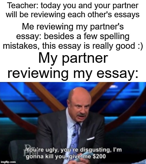 essay | Teacher: today you and your partner will be reviewing each other's essays; Me reviewing my partner's essay: besides a few spelling mistakes, this essay is really good :); My partner reviewing my essay: | image tagged in you're ugly you're disgusting,funny,memes,essays,teacher,school | made w/ Imgflip meme maker