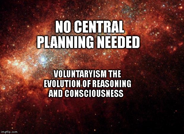 the universe | NO CENTRAL PLANNING NEEDED; VOLUNTARYISM THE EVOLUTION OF REASONING AND CONSCIOUSNESS | image tagged in the universe | made w/ Imgflip meme maker