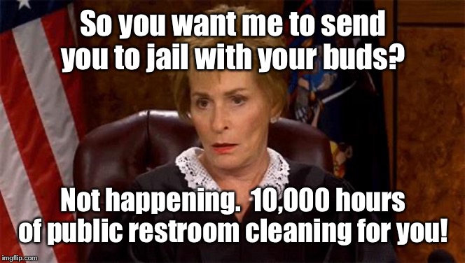 Judge Judy Unimpressed | So you want me to send you to jail with your buds? Not happening.  10,000 hours of public restroom cleaning for you! | image tagged in judge judy unimpressed | made w/ Imgflip meme maker