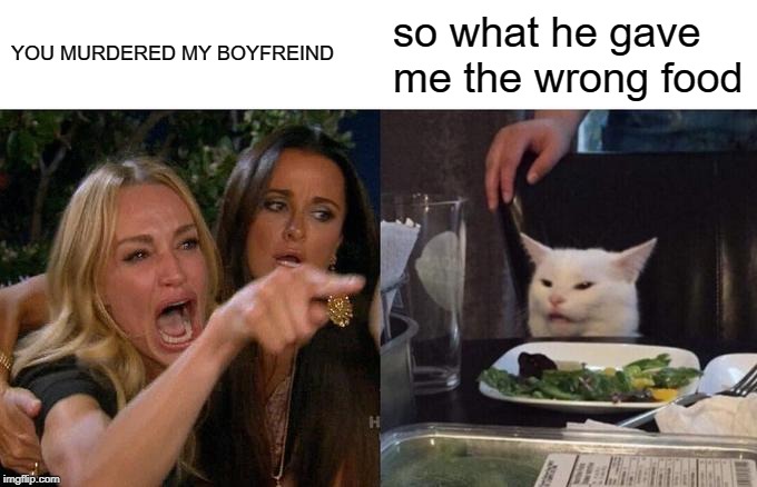 Woman Yelling At Cat | YOU MURDERED MY BOYFREIND; so what he gave me the wrong food | image tagged in memes,woman yelling at cat | made w/ Imgflip meme maker