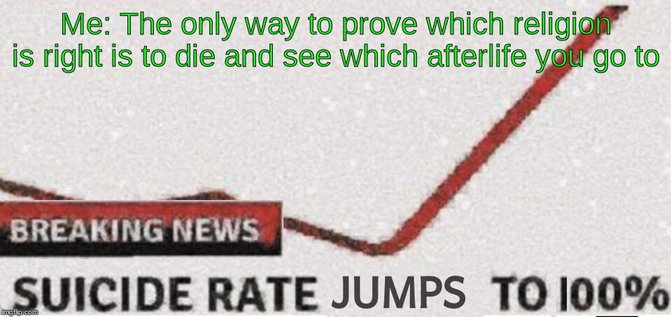 Suicide rate 100% | Me: The only way to prove which religion is right is to die and see which afterlife you go to | image tagged in suicide rate 100 | made w/ Imgflip meme maker