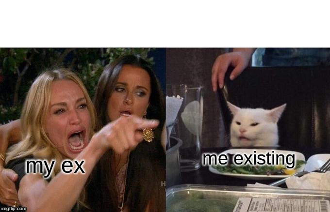 Woman Yelling At Cat | me existing; my ex | image tagged in memes,woman yelling at cat | made w/ Imgflip meme maker