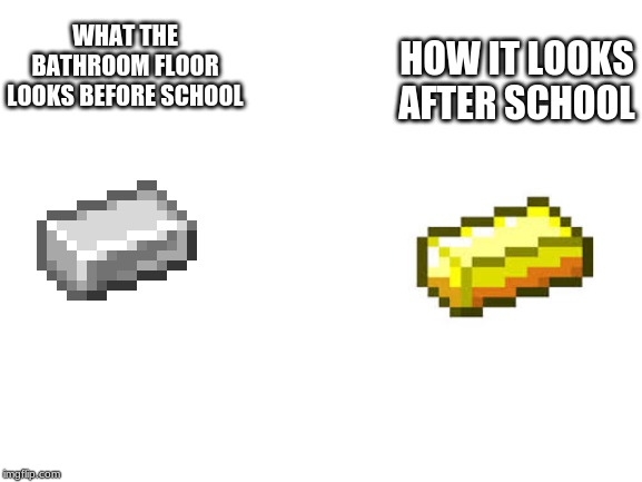 Blank White Template | HOW IT LOOKS AFTER SCHOOL; WHAT THE BATHROOM FLOOR LOOKS BEFORE SCHOOL | image tagged in blank white template | made w/ Imgflip meme maker