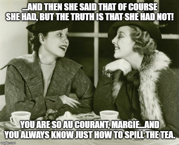 ...AND THEN SHE SAID THAT OF COURSE SHE HAD, BUT THE TRUTH IS THAT SHE HAD NOT! YOU ARE SO AU COURANT, MARGIE...AND YOU ALWAYS KNOW JUST HOW TO SPILL THE TEA. | image tagged in funny memes | made w/ Imgflip meme maker