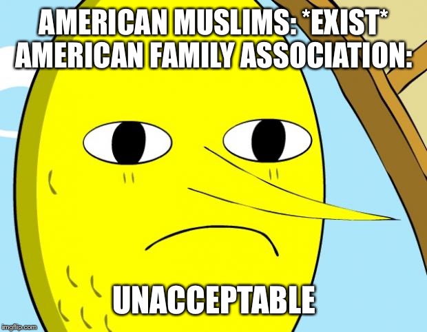 Unacceptable Lemongrab | AMERICAN MUSLIMS: *EXIST*
AMERICAN FAMILY ASSOCIATION:; UNACCEPTABLE | image tagged in unacceptable lemongrab | made w/ Imgflip meme maker