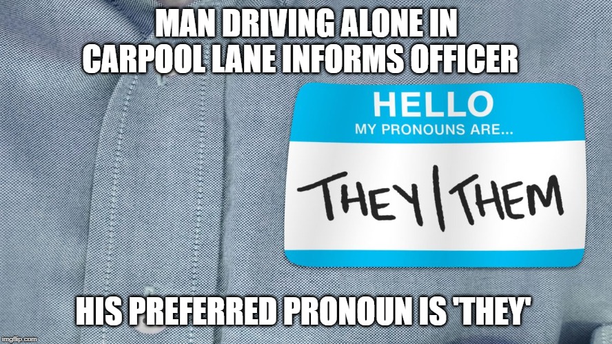 MAN DRIVING ALONE IN CARPOOL LANE INFORMS OFFICER; HIS PREFERRED PRONOUN IS 'THEY' | made w/ Imgflip meme maker