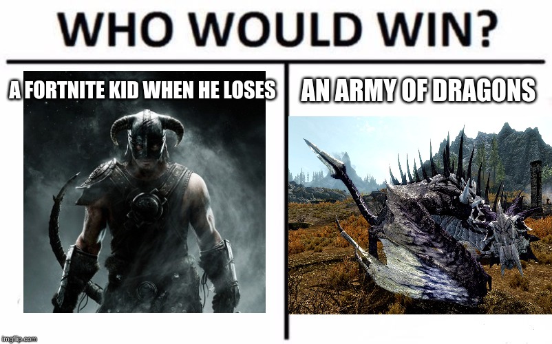 Who Would Win? Meme | A FORTNITE KID WHEN HE LOSES; AN ARMY OF DRAGONS | image tagged in memes,who would win | made w/ Imgflip meme maker