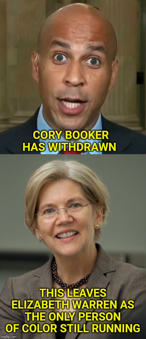 CORY BOOKER HAS WITHDRAWN; THIS LEAVES ELIZABETH WARREN AS THE ONLY PERSON OF COLOR STILL RUNNING | image tagged in cory booker,elizabeth warren | made w/ Imgflip meme maker