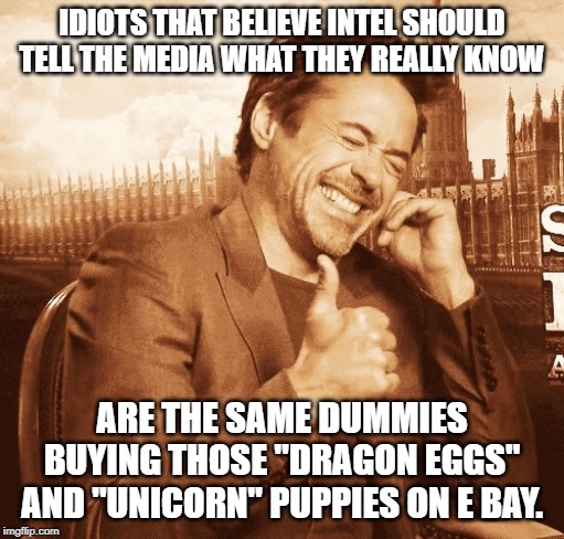 laughing | IDIOTS THAT BELIEVE INTEL SHOULD TELL THE MEDIA WHAT THEY REALLY KNOW ARE THE SAME DUMMIES BUYING THOSE "DRAGON EGGS" AND "UNICORN" PUPPIES  | image tagged in laughing | made w/ Imgflip meme maker