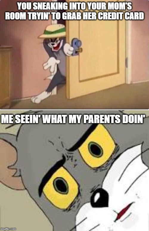 YOU SNEAKING INTO YOUR MOM'S ROOM TRYIN' TO GRAB HER CREDIT CARD; ME SEEIN' WHAT MY PARENTS DOIN' | image tagged in tom sneaking in a room | made w/ Imgflip meme maker