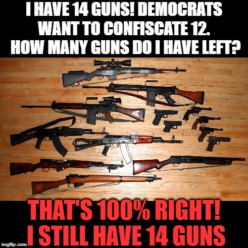 I have 14 Guns! Democrats want to confiscate 12.  How many guns do I have left?That's 100% Right!  I still have 14 Guns! | I HAVE 14 GUNS! DEMOCRATS WANT TO CONFISCATE 12.  HOW MANY GUNS DO I HAVE LEFT? THAT'S 100% RIGHT!  I STILL HAVE 14 GUNS | image tagged in guns,democrats,second amendment,nra | made w/ Imgflip meme maker