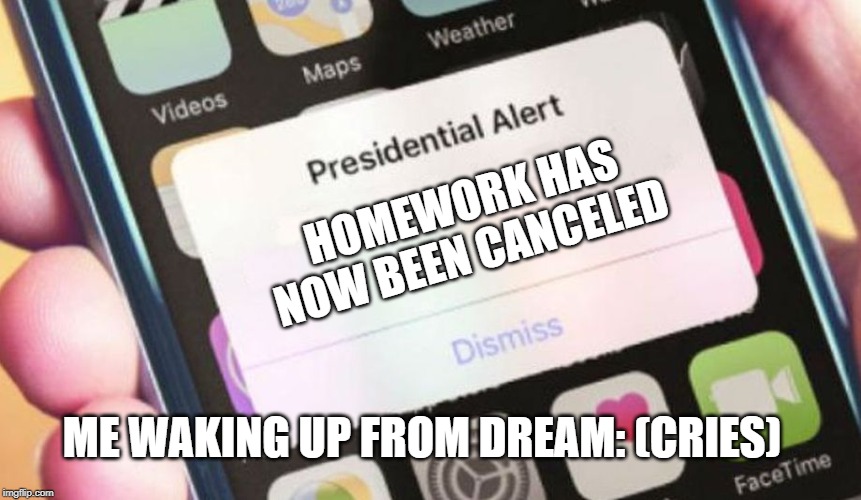 Presidential Alert | HOMEWORK HAS NOW BEEN CANCELED; ME WAKING UP FROM DREAM: (CRIES) | image tagged in memes,presidential alert | made w/ Imgflip meme maker