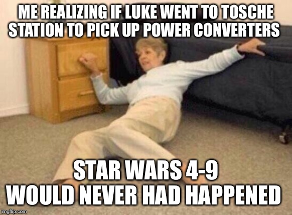 Think bout it | ME REALIZING IF LUKE WENT TO TOSCHE STATION TO PICK UP POWER CONVERTERS; STAR WARS 4-9 WOULD NEVER HAD HAPPENED | image tagged in woman falling in shock,star wars | made w/ Imgflip meme maker