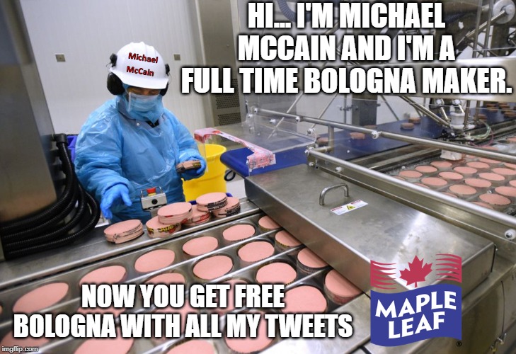 free bologna | HI... I'M MICHAEL MCCAIN AND I'M A FULL TIME BOLOGNA MAKER. NOW YOU GET FREE BOLOGNA WITH ALL MY TWEETS | image tagged in iran,donald trump,liberals,food | made w/ Imgflip meme maker
