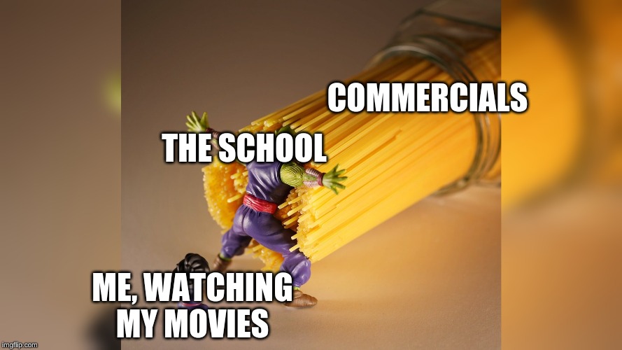 COMMERCIALS; ME, WATCHING MY MOVIES; THE SCHOOL | image tagged in piccolo | made w/ Imgflip meme maker