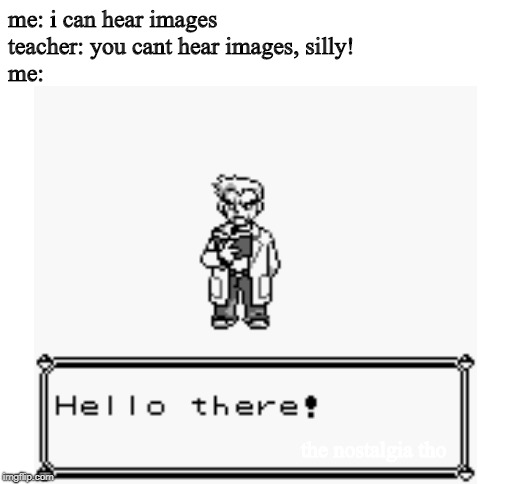 me: i can hear images
teacher: you cant hear images, silly!
me:; the nostalgia tho | image tagged in blank white template | made w/ Imgflip meme maker