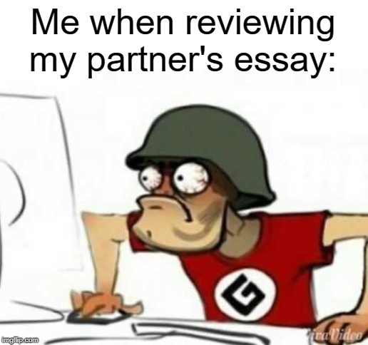Grammer Nazi | Me when reviewing my partner's essay: | image tagged in grammer nazi | made w/ Imgflip meme maker