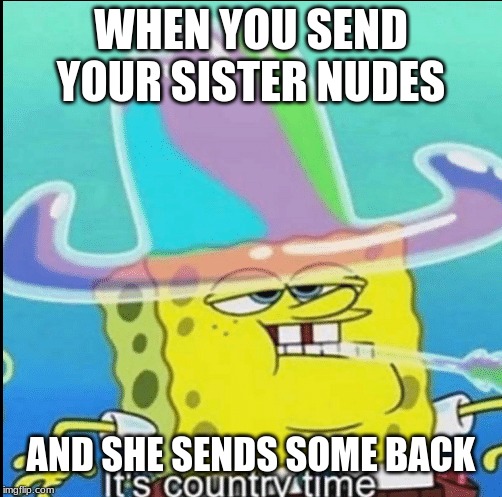 country time | WHEN YOU SEND YOUR SISTER NUDES; AND SHE SENDS SOME BACK | image tagged in memes | made w/ Imgflip meme maker