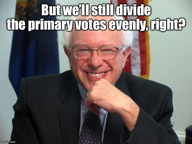 Vote Bernie Sanders | But we’ll still divide the primary votes evenly, right? | image tagged in vote bernie sanders | made w/ Imgflip meme maker