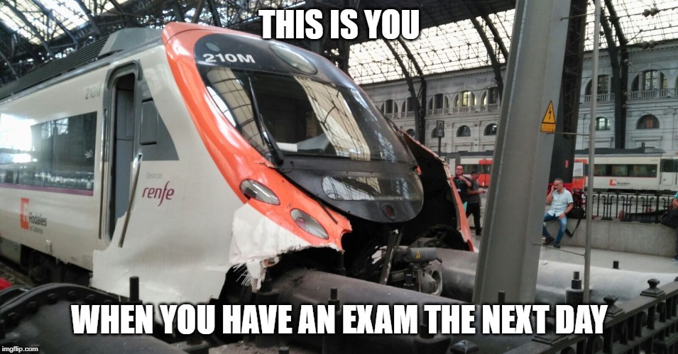 rodalies | THIS IS YOU; WHEN YOU HAVE AN EXAM THE NEXT DAY | image tagged in funny memes,funny,spain,rodalies,catalunya,trains | made w/ Imgflip meme maker