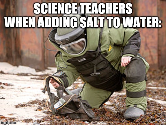 Bomb squad guy | SCIENCE TEACHERS WHEN ADDING SALT TO WATER: | image tagged in bomb squad guy | made w/ Imgflip meme maker