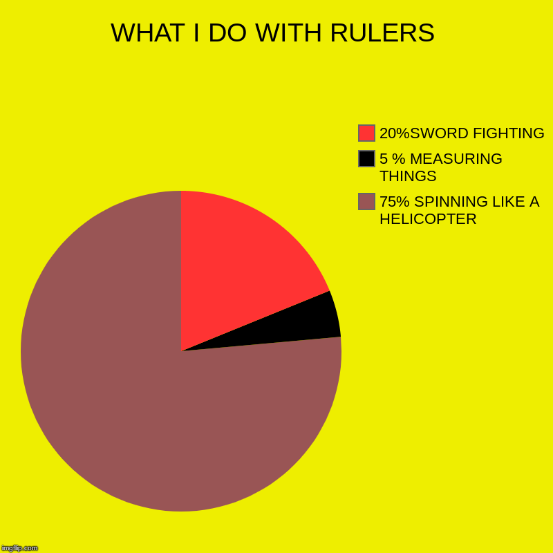 WHAT I DO WITH RULERS | 75% SPINNING LIKE A HELICOPTER, 5 % MEASURING THINGS, 20%SWORD FIGHTING | image tagged in charts,pie charts | made w/ Imgflip chart maker