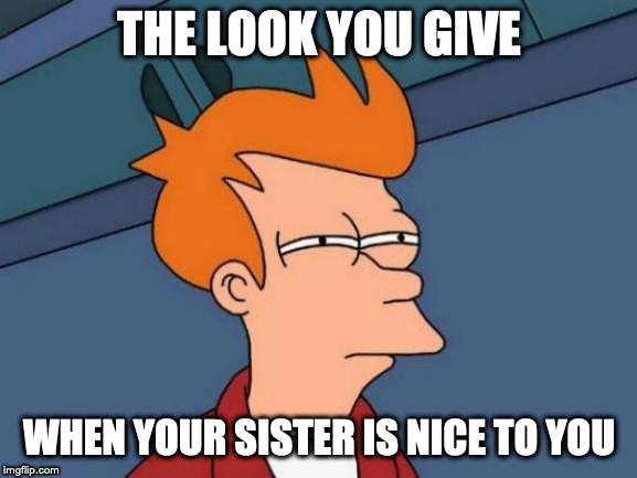 Futurama Fry Meme | THE LOOK YOU GIVE; WHEN YOUR SISTER IS NICE TO YOU | image tagged in memes,futurama fry | made w/ Imgflip meme maker