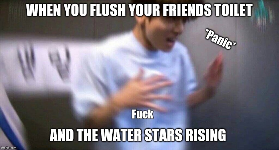 WHEN YOU FLUSH YOUR FRIENDS TOILET; *Panic*; AND THE WATER STARS RISING; Fuck | image tagged in funny,meme,panic | made w/ Imgflip meme maker