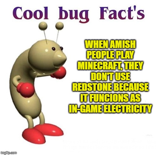 Cool Bug Facts | WHEN AMISH PEOPLE PLAY MINECRAFT, THEY DON'T USE REDSTONE BECAUSE IT FUNCIONS AS IN-GAME ELECTRICITY | image tagged in cool bug facts,minecraft,amish | made w/ Imgflip meme maker