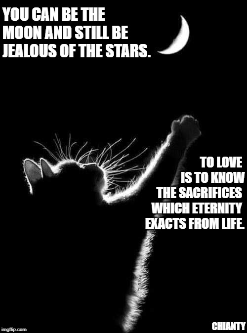 Jealous | YOU CAN BE THE MOON AND STILL BE JEALOUS OF THE STARS. TO LOVE 
IS TO KNOW
THE SACRIFICES 
WHICH ETERNITY 
EXACTS FROM LIFE. CHIANTY | image tagged in life | made w/ Imgflip meme maker