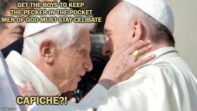 Celibacy | GET THE BOYS TO KEEP 
THE PECKER IN THE POCKET
MEN OF GOD MUST STAY CELIBATE; CAPICHE?! | image tagged in celibacy,pope,catholic | made w/ Imgflip meme maker