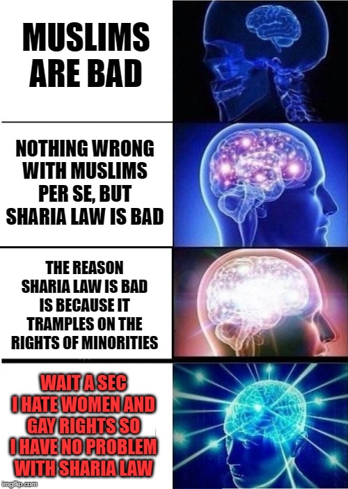 When they straight up admit that Sharia Law might be okay since then the women and gays will know their place | MUSLIMS ARE BAD; NOTHING WRONG WITH MUSLIMS PER SE, BUT SHARIA LAW IS BAD; THE REASON SHARIA LAW IS BAD IS BECAUSE IT TRAMPLES ON THE RIGHTS OF MINORITIES; WAIT A SEC I HATE WOMEN AND GAY RIGHTS SO I HAVE NO PROBLEM WITH SHARIA LAW | image tagged in mind blown template,sharia law,conservative logic,conservative hypocrisy,gay rights,women's rights | made w/ Imgflip meme maker