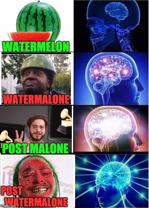 Watermelon Evolution |  WATERMELON; WATERMALONE; POST MALONE; POST        WATERMALONE | image tagged in memes,expanding brain,post malone,watermelon,watermalone | made w/ Imgflip meme maker