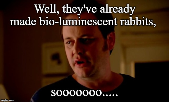Jake from state farm | Well, they've already made bio-luminescent rabbits, sooooooo..... | image tagged in jake from state farm | made w/ Imgflip meme maker