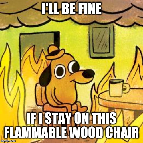 Dog in burning house | I'LL BE FINE; IF I STAY ON THIS FLAMMABLE WOOD CHAIR | image tagged in dog in burning house | made w/ Imgflip meme maker