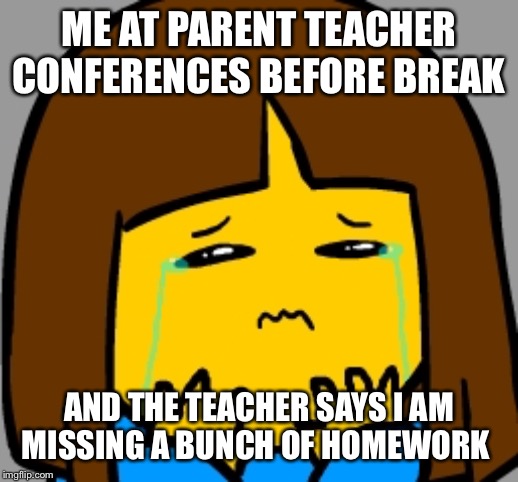 Super Sad Frisk | ME AT PARENT TEACHER CONFERENCES BEFORE BREAK; AND THE TEACHER SAYS I AM MISSING A BUNCH OF HOMEWORK | image tagged in super sad frisk | made w/ Imgflip meme maker