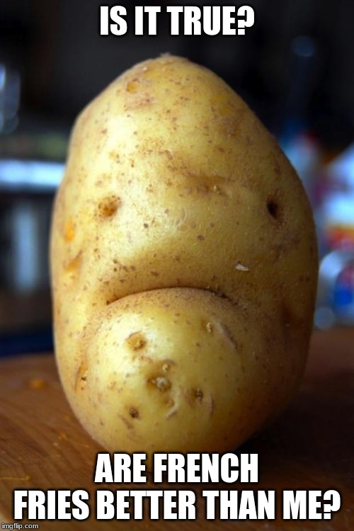 sad potato | IS IT TRUE? ARE FRENCH FRIES BETTER THAN ME? | image tagged in sad potato | made w/ Imgflip meme maker
