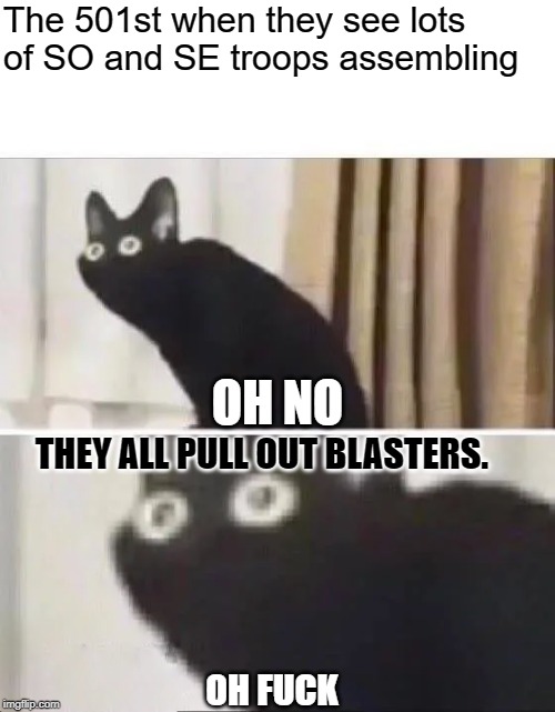 Oh No Black Cat | The 501st when they see lots of SO and SE troops assembling; OH NO; THEY ALL PULL OUT BLASTERS. OH FUCK | image tagged in oh no black cat | made w/ Imgflip meme maker