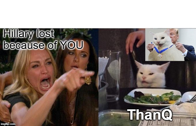 For Services to Your Country | Hillary lost because of YOU; ThanQ | image tagged in memes,woman yelling at cat,smudge the cat,trump hillary,donald trump approves | made w/ Imgflip meme maker