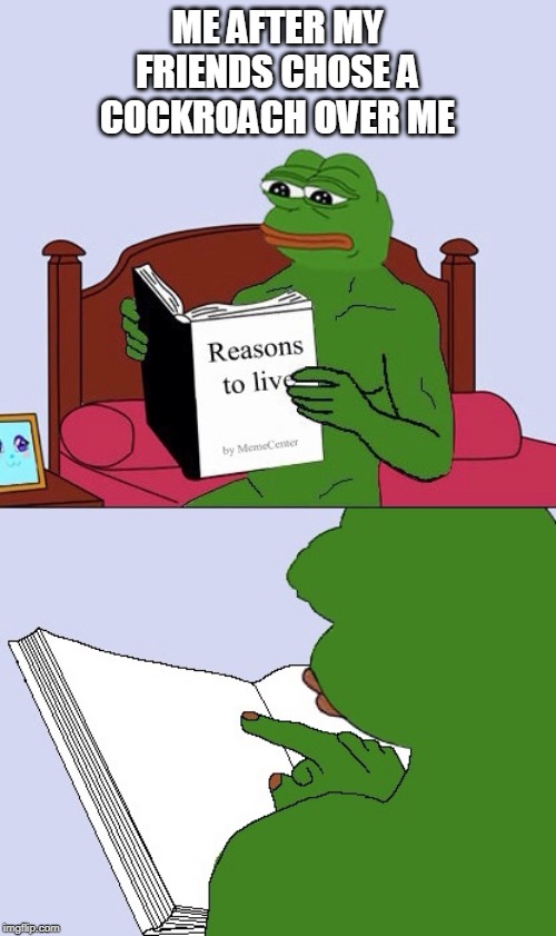 Blank Pepe Reasons to Live | ME AFTER MY FRIENDS CHOSE A COCKROACH OVER ME | image tagged in blank pepe reasons to live | made w/ Imgflip meme maker