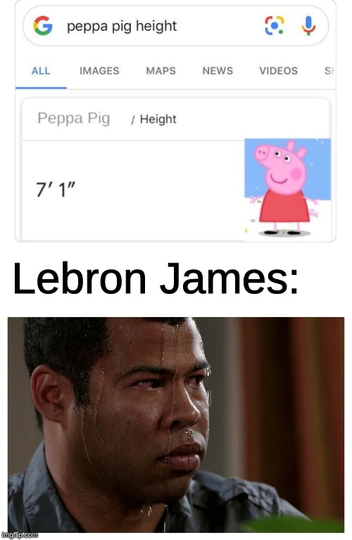 I can't get over how tall Peppa Pig is |  Lebron James: | image tagged in jordan peele sweating,memes,peppa pig,peppa pig height,lebron james | made w/ Imgflip meme maker