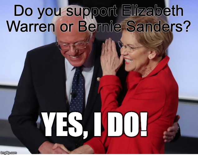 Do you support Elizabeth Warren or Bernie Sanders? YES, I DO! | image tagged in elizabeth warren,bernie sanders | made w/ Imgflip meme maker