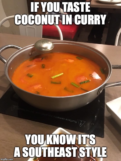 Curry Soup Base | IF YOU TASTE COCONUT IN CURRY; YOU KNOW IT'S A SOUTHEAST STYLE | image tagged in hotpot,food,memes | made w/ Imgflip meme maker