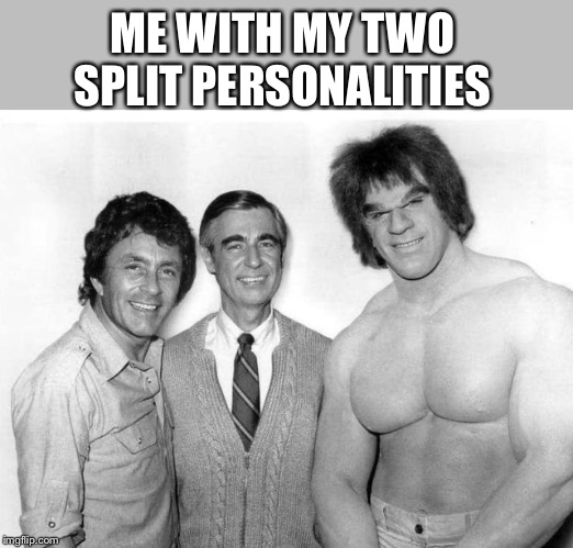 Me, myself, and you wouldn’t like me when I’m angry... | ME WITH MY TWO SPLIT PERSONALITIES | image tagged in bruce banner,mr rogers,the incredible hulk,personality disorders,funny picture | made w/ Imgflip meme maker